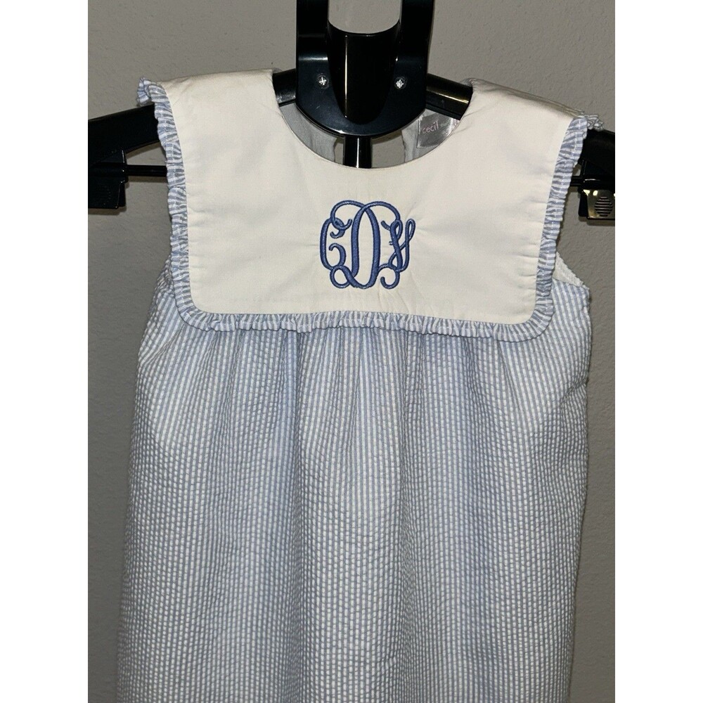 Cecil & Lou Girls Size 5 Blue White Seersucker Monogram Bib Collar Dress Spring